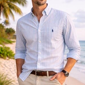 Ralph Lauren Striped Button Down Shirt Mens L Blue White Classic Preppy/Luxury